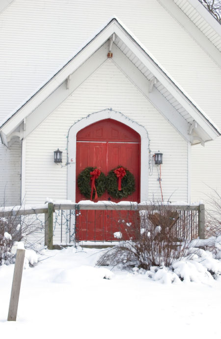 Red Church Door with Christmas wreaths